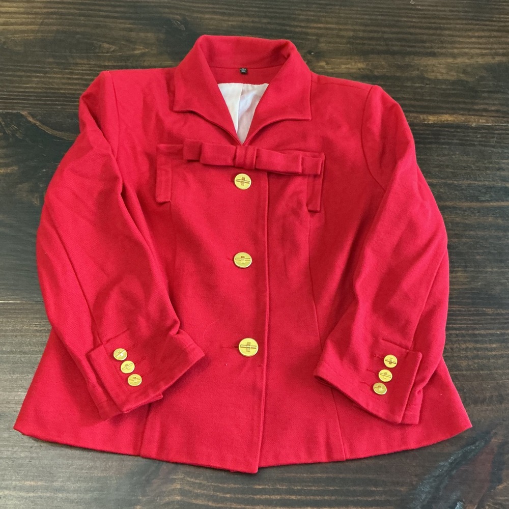 Cabi Red Bow Front Blazer Gold Button Lined Jacket Womens Size 6 Holiday